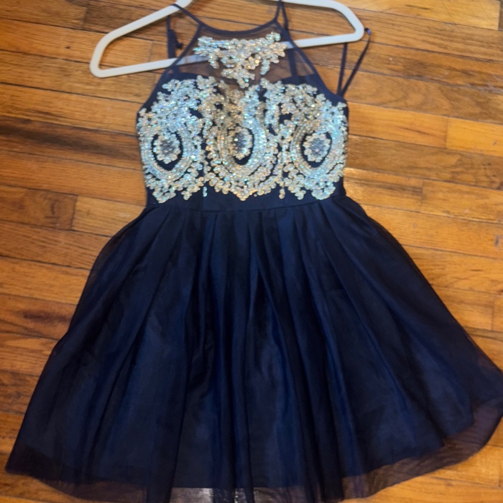Chic Kids Dress in Deep Blue with Gold Embellishments